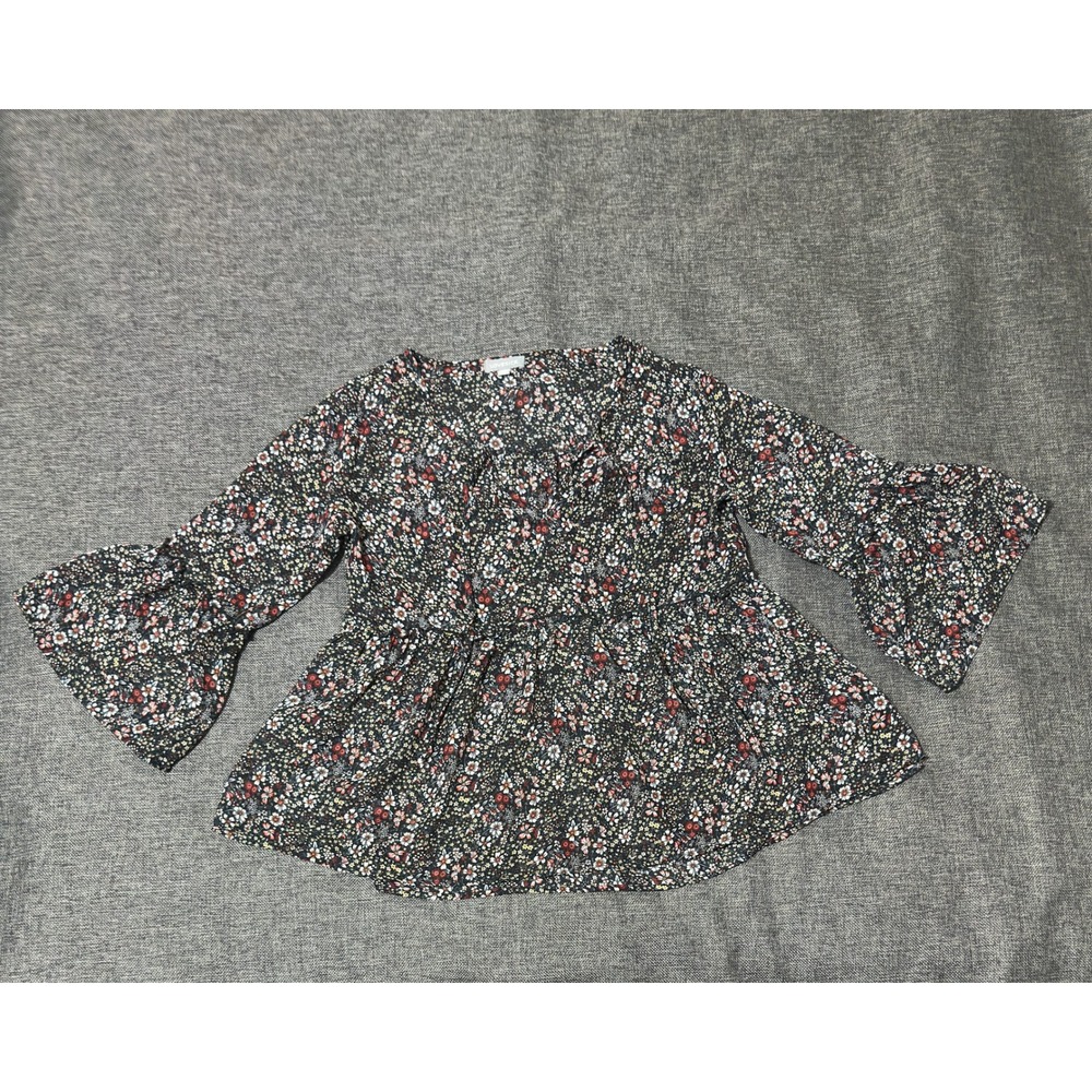 Lovesick‎ Women's 000 Peplum Top Black Floral Bell Sleeve V-Neck